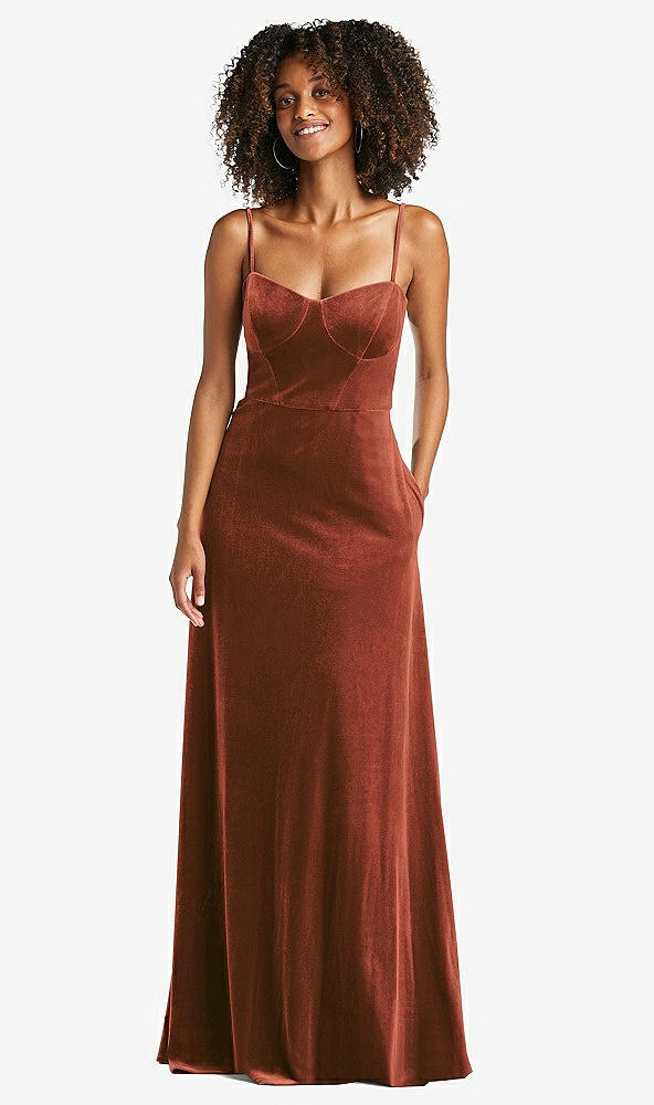 Front View - Auburn Moon Bustier Velvet Maxi Dress with Pockets