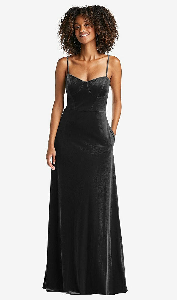 Front View - Black Bustier Velvet Maxi Dress with Pockets