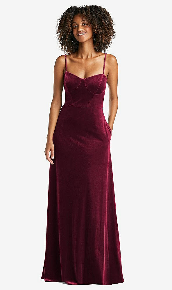 Front View - Cabernet Bustier Velvet Maxi Dress with Pockets