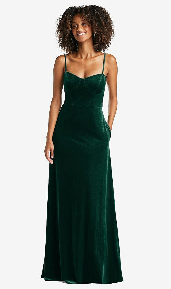 Front View - Evergreen Bustier Velvet Maxi Dress with Pockets