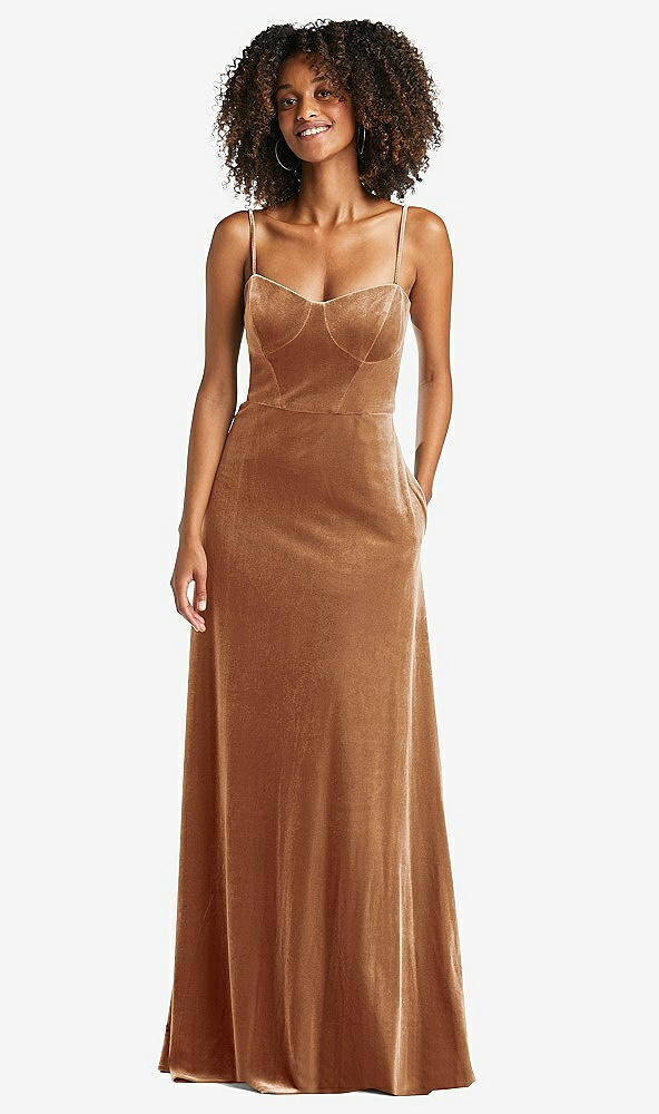 Front View - Golden Almond Bustier Velvet Maxi Dress with Pockets