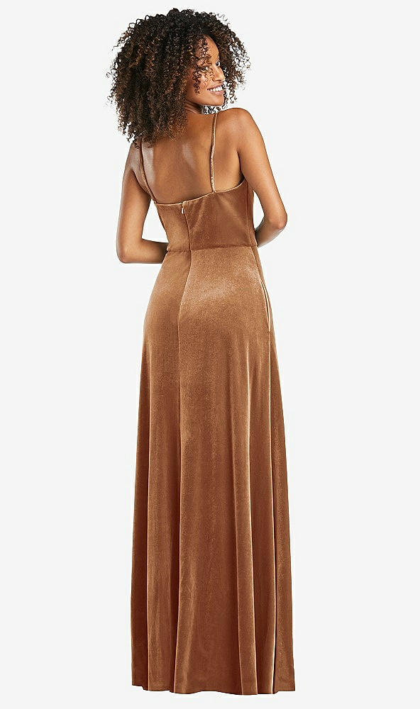 Back View - Golden Almond Bustier Velvet Maxi Dress with Pockets