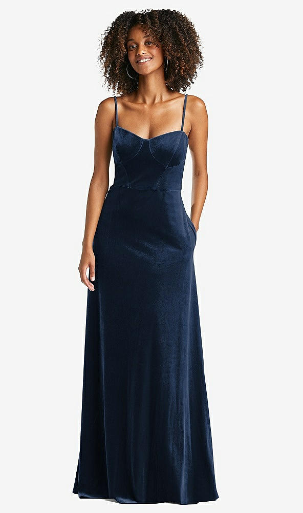 Front View - Midnight Navy Bustier Velvet Maxi Dress with Pockets