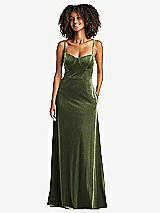 Front View Thumbnail - Olive Green Bustier Velvet Maxi Dress with Pockets