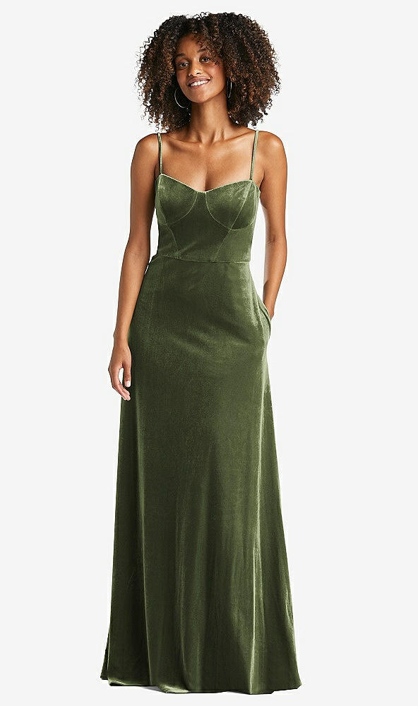 Front View - Olive Green Bustier Velvet Maxi Dress with Pockets