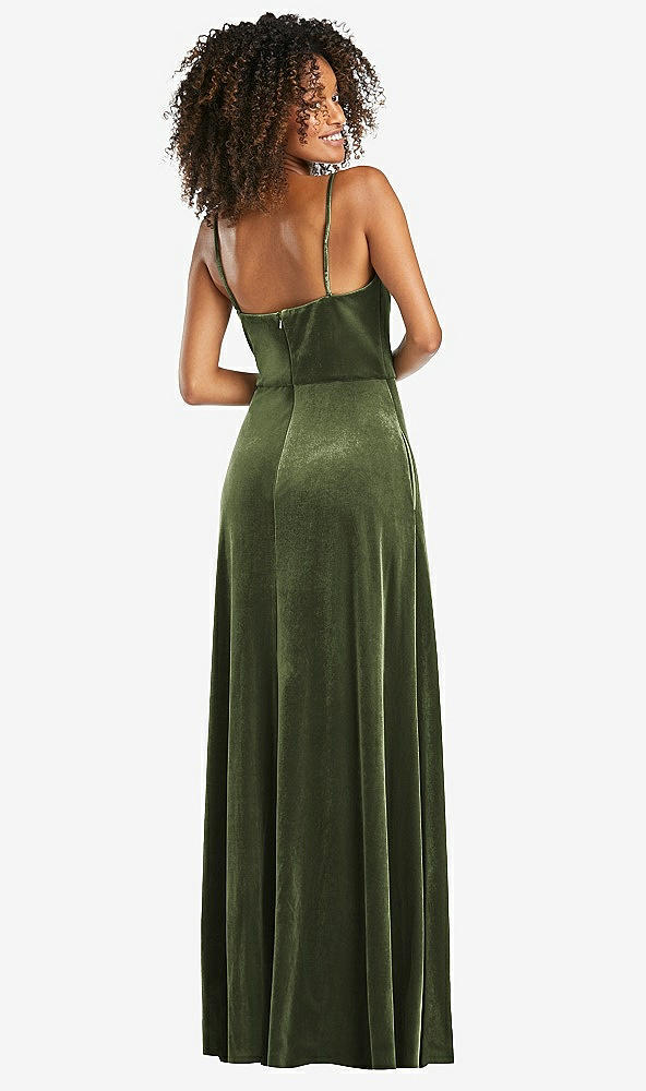 Back View - Olive Green Bustier Velvet Maxi Dress with Pockets
