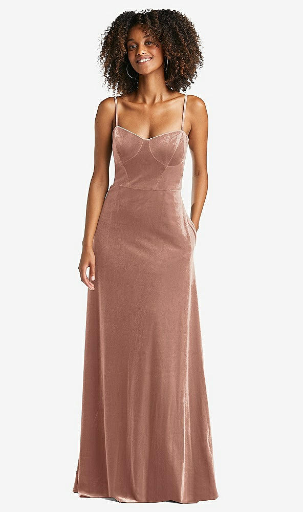Front View - Tawny Rose Bustier Velvet Maxi Dress with Pockets