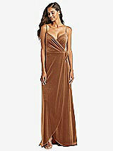 Front View Thumbnail - Golden Almond Velvet Wrap Maxi Dress with Pockets