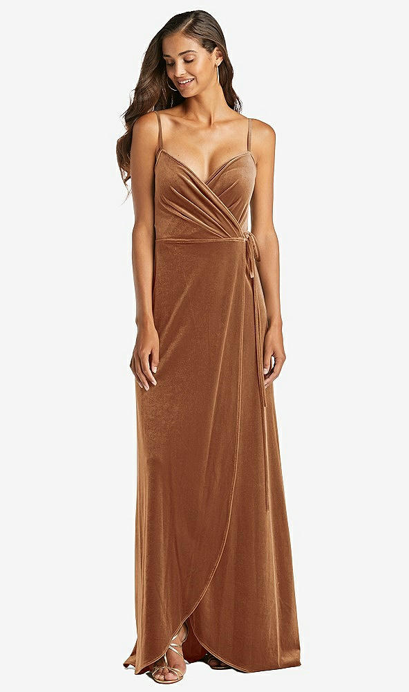 Front View - Golden Almond Velvet Wrap Maxi Dress with Pockets