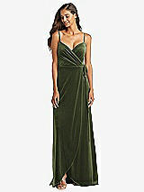 Front View Thumbnail - Olive Green Velvet Wrap Maxi Dress with Pockets