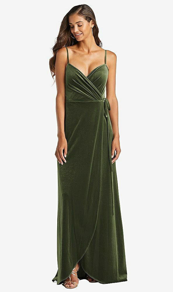 Front View - Olive Green Velvet Wrap Maxi Dress with Pockets