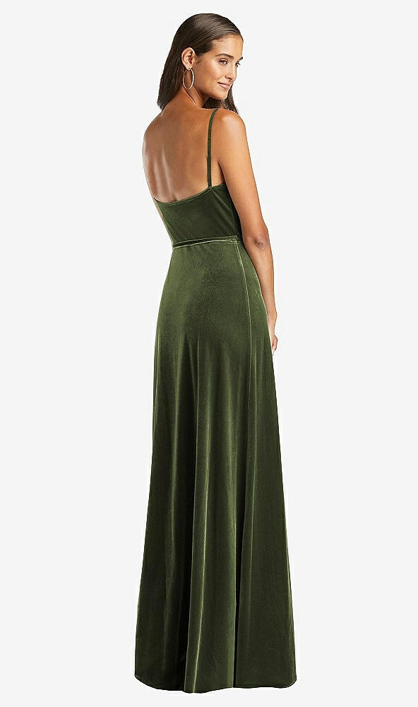 Back View - Olive Green Velvet Wrap Maxi Dress with Pockets