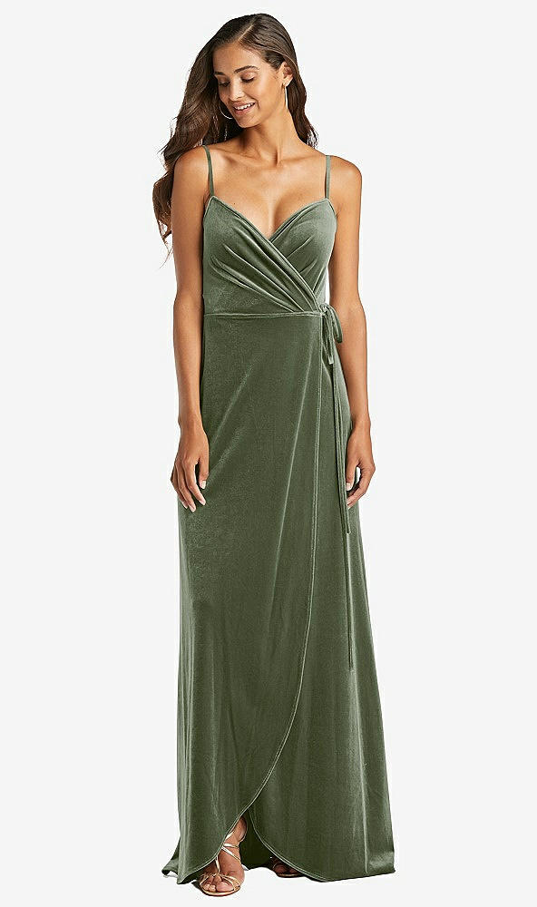 Front View - Sage Velvet Wrap Maxi Dress with Pockets