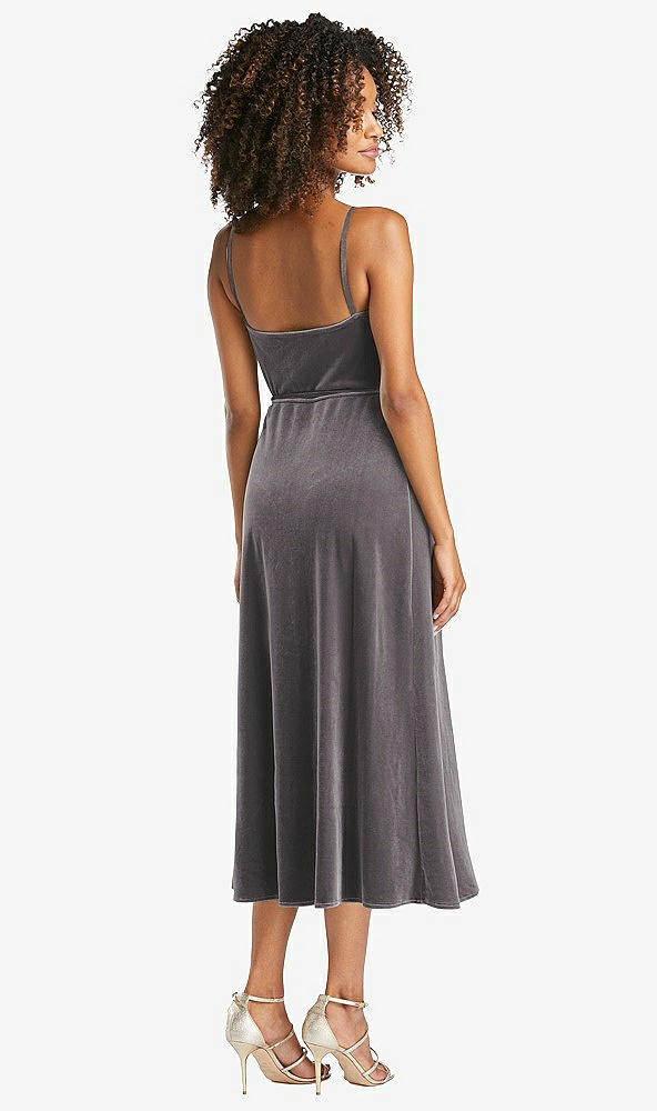 Back View - Caviar Gray Velvet Midi Wrap Dress with Pockets