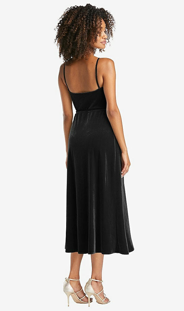 Back View - Black Velvet Midi Wrap Dress with Pockets