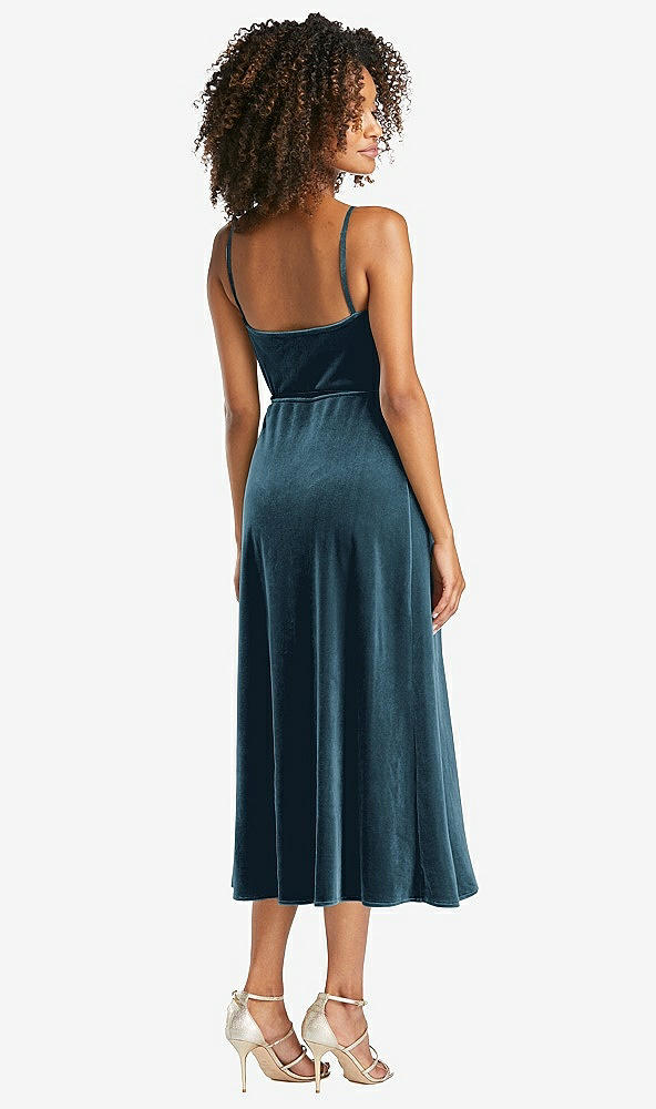 Back View - Dutch Blue Velvet Midi Wrap Dress with Pockets