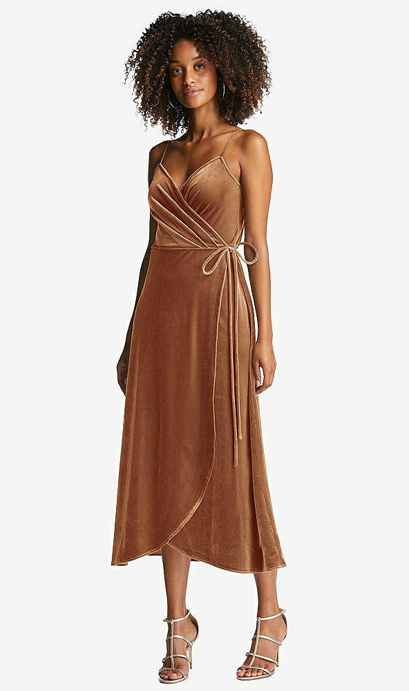 Front View - Golden Almond Velvet Midi Wrap Dress with Pockets