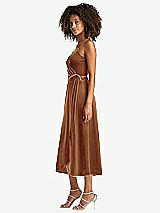Side View Thumbnail - Golden Almond Velvet Midi Wrap Dress with Pockets