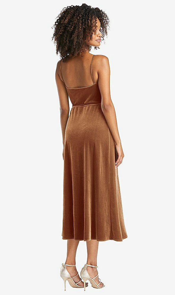 Back View - Golden Almond Velvet Midi Wrap Dress with Pockets