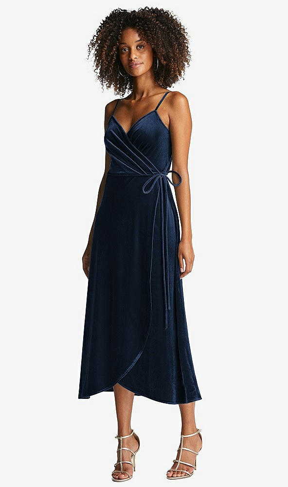 Front View - Midnight Navy Velvet Midi Wrap Dress with Pockets
