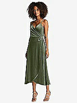 Front View Thumbnail - Sage Velvet Midi Wrap Dress with Pockets