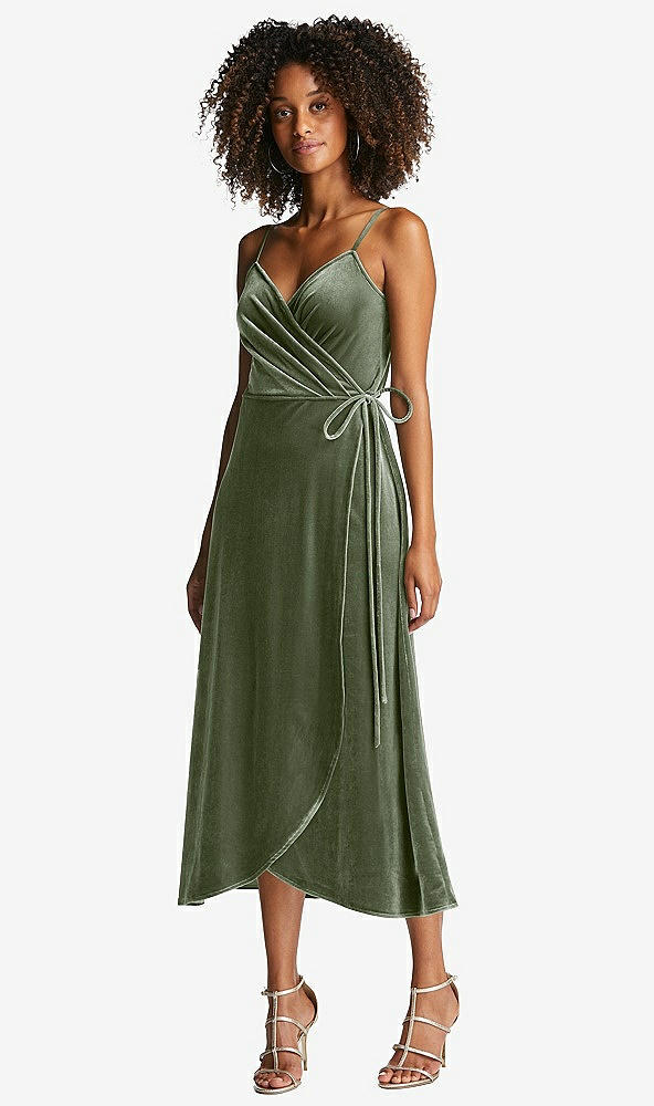 Front View - Sage Velvet Midi Wrap Dress with Pockets