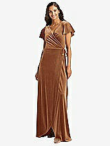 Front View Thumbnail - Golden Almond Flutter Sleeve Velvet Wrap Maxi Dress with Pockets
