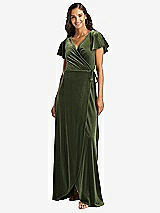 Front View Thumbnail - Olive Green Flutter Sleeve Velvet Wrap Maxi Dress with Pockets