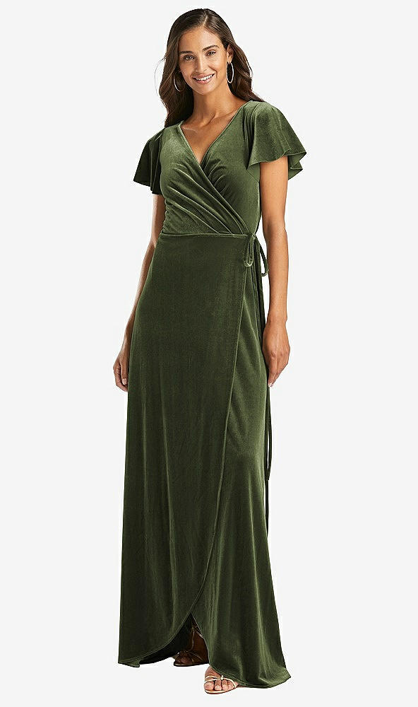Front View - Olive Green Flutter Sleeve Velvet Wrap Maxi Dress with Pockets