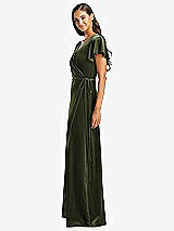 Side View Thumbnail - Olive Green Flutter Sleeve Velvet Wrap Maxi Dress with Pockets