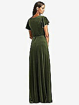 Rear View Thumbnail - Olive Green Flutter Sleeve Velvet Wrap Maxi Dress with Pockets
