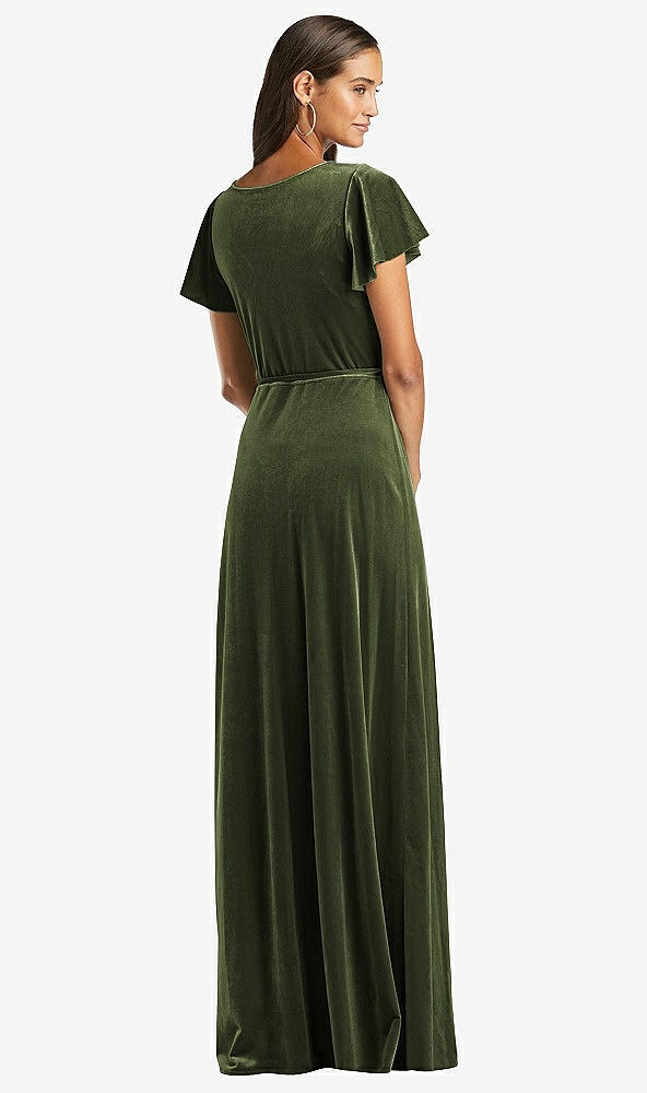Back View - Olive Green Flutter Sleeve Velvet Wrap Maxi Dress with Pockets