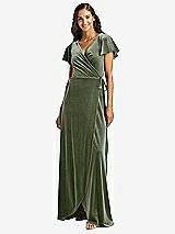 Front View Thumbnail - Sage Flutter Sleeve Velvet Wrap Maxi Dress with Pockets