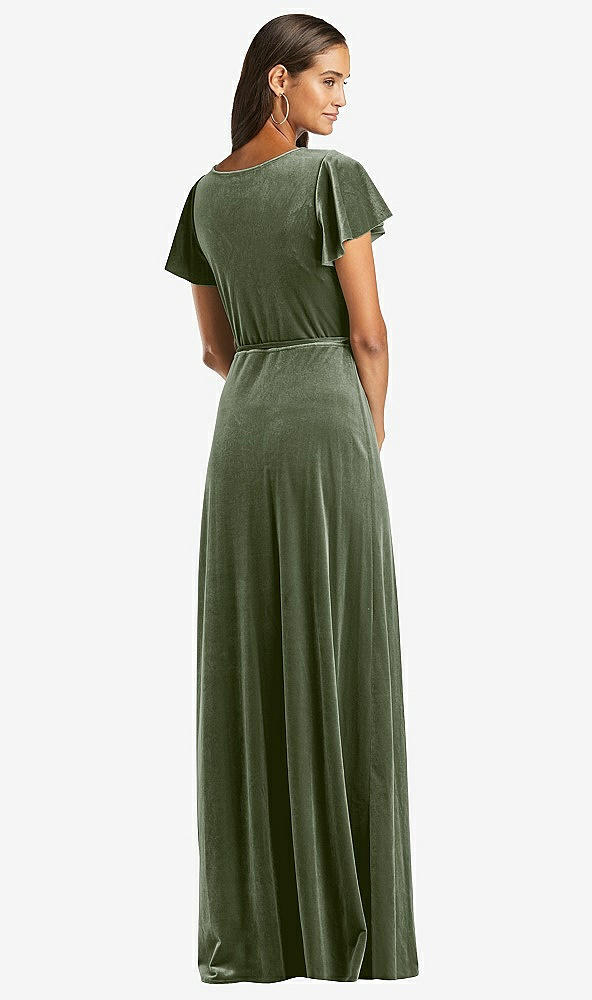 Back View - Sage Flutter Sleeve Velvet Wrap Maxi Dress with Pockets