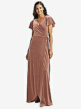 Front View Thumbnail - Tawny Rose Flutter Sleeve Velvet Wrap Maxi Dress with Pockets