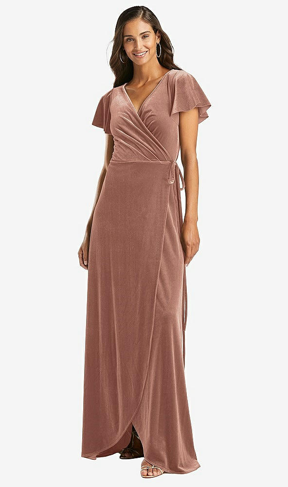 Front View - Tawny Rose Flutter Sleeve Velvet Wrap Maxi Dress with Pockets