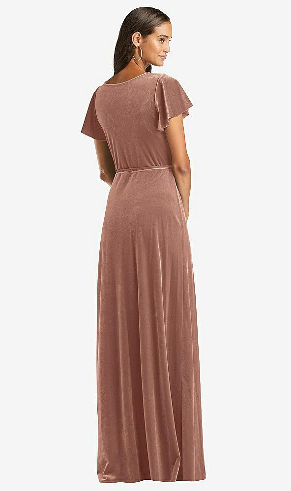 Back View - Tawny Rose Flutter Sleeve Velvet Wrap Maxi Dress with Pockets