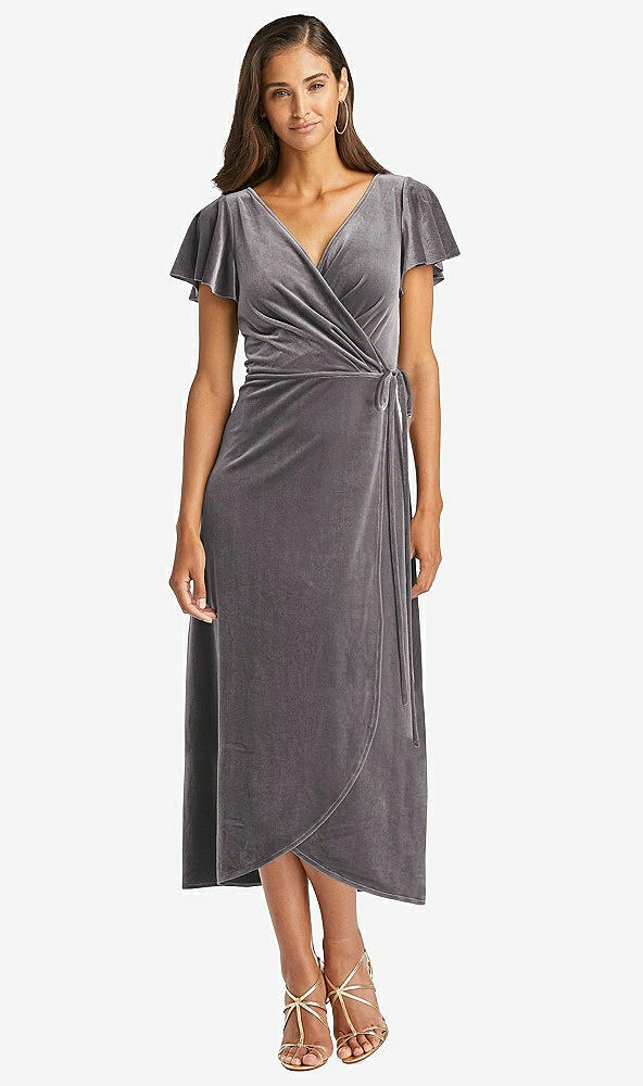 Front View - Caviar Gray Flutter Sleeve Velvet Midi Wrap Dress with Pockets