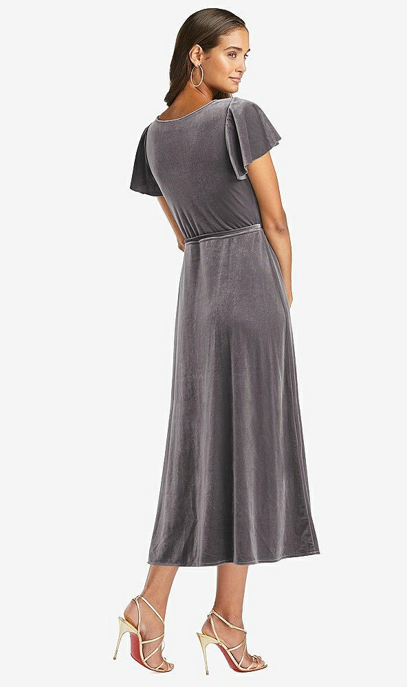 Back View - Caviar Gray Flutter Sleeve Velvet Midi Wrap Dress with Pockets
