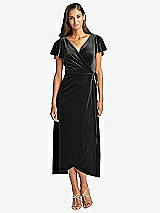 Front View Thumbnail - Black Flutter Sleeve Velvet Midi Wrap Dress with Pockets