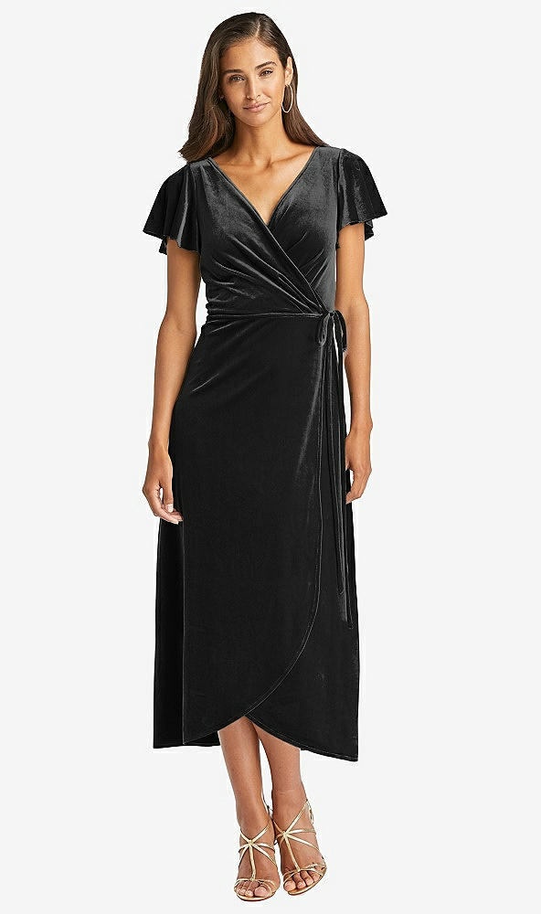 Front View - Black Flutter Sleeve Velvet Midi Wrap Dress with Pockets