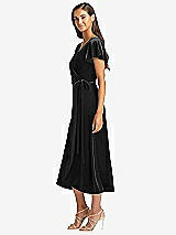 Side View Thumbnail - Black Flutter Sleeve Velvet Midi Wrap Dress with Pockets