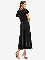 Rear View Thumbnail - Black Flutter Sleeve Velvet Midi Wrap Dress with Pockets
