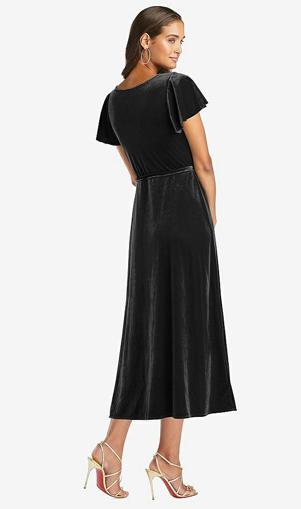 Back View - Black Flutter Sleeve Velvet Midi Wrap Dress with Pockets