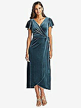 Front View Thumbnail - Dutch Blue Flutter Sleeve Velvet Midi Wrap Dress with Pockets