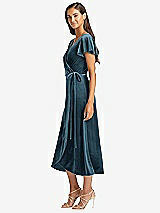 Side View Thumbnail - Dutch Blue Flutter Sleeve Velvet Midi Wrap Dress with Pockets
