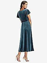 Rear View Thumbnail - Dutch Blue Flutter Sleeve Velvet Midi Wrap Dress with Pockets