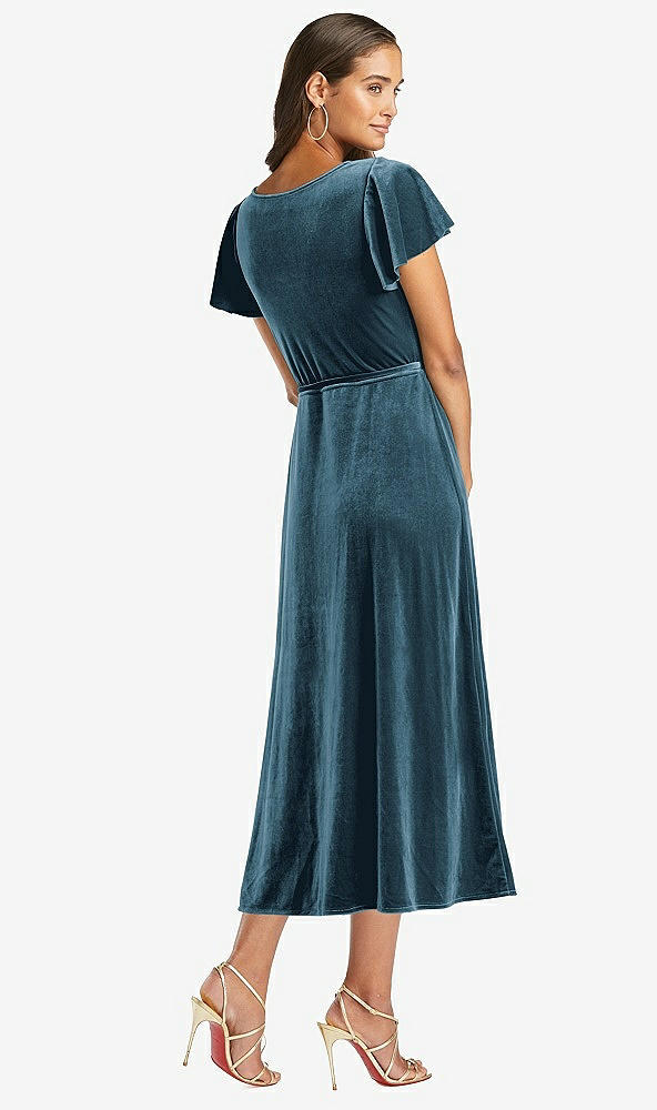 Back View - Dutch Blue Flutter Sleeve Velvet Midi Wrap Dress with Pockets