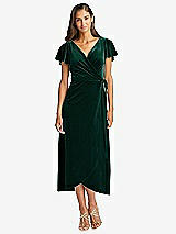 Front View Thumbnail - Evergreen Flutter Sleeve Velvet Midi Wrap Dress with Pockets