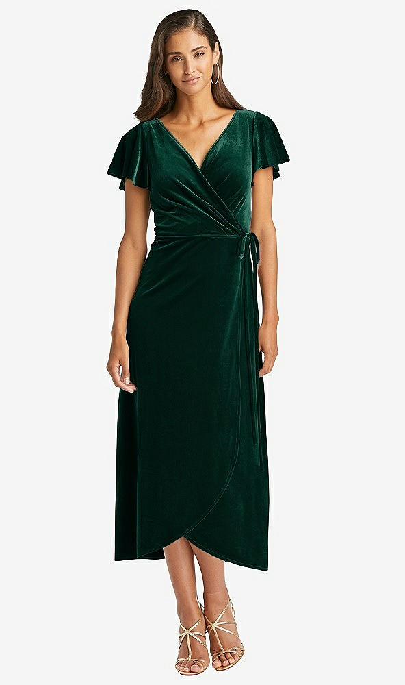 Front View - Evergreen Flutter Sleeve Velvet Midi Wrap Dress with Pockets